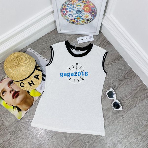 

high end женщины девушки жилет футболка лоскутное часы бисероплетение письмо патч круглый вырез без рукавов блузка футболка мода дизайн пуло, White