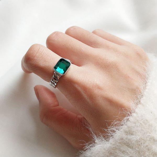 

louleur 925 sterling silver square green white zircon chain rings silver simple wild elegant open rings for women fine jewelry, Golden;silver
