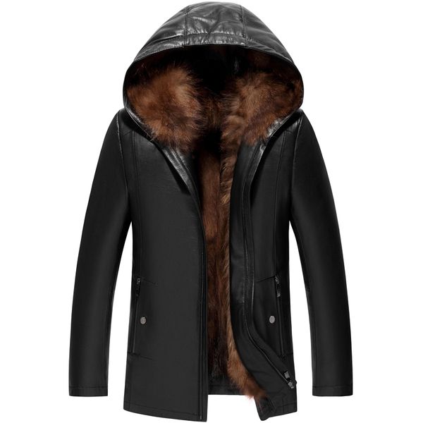 

2019 winter new raccoon fur collar sheepskin coat men raccoon fur lining leather hooded jacket, Black