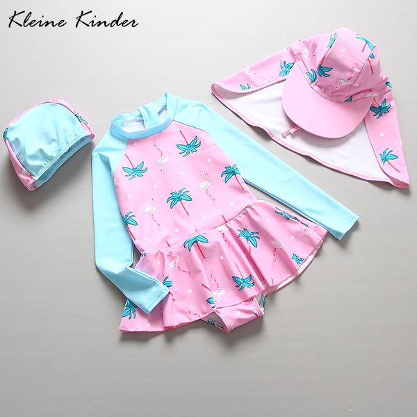 

2019 one piece купальник для девочек с cap flamingo печати защита от солнца long beach рукав износа девушки swimwear дети купальники, White;black