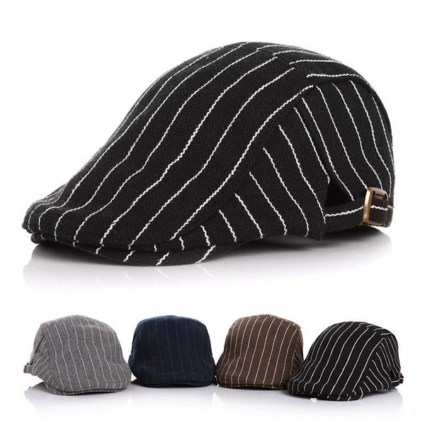 

kids classic striped beret children flat cap newsboy duckbill hat driving caps adjustable wool berets for boys and girls, Blue;gray