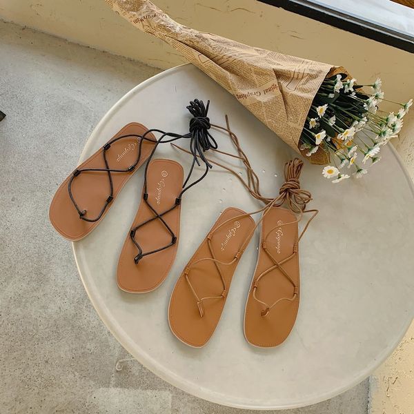 

2020 sandals strappy heels black shoes for women women's lace up sandals beige comfort block female ankle flat summer lace-up