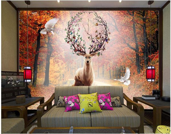 

3d wallpaper custom p mural elk maple leaf forest tv background living room home decor 3d wall murals wallpaper for walls 3 d