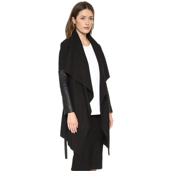 

fashion women woolen coat turn-down collar patchwork slim plus size black chic lady outwear cardigan overcoat belt trench