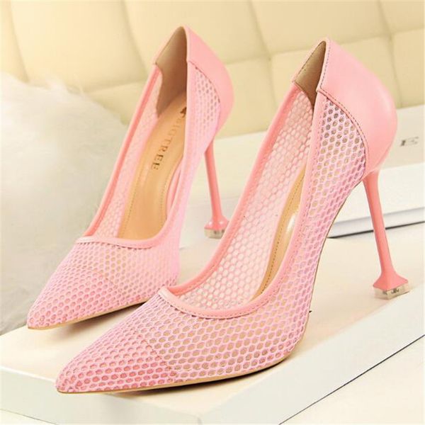 

2020 new summer mesh pumps female pointed toe 9.5cm thin high heel shoes fashion women breathable hollow out stilettos, Black