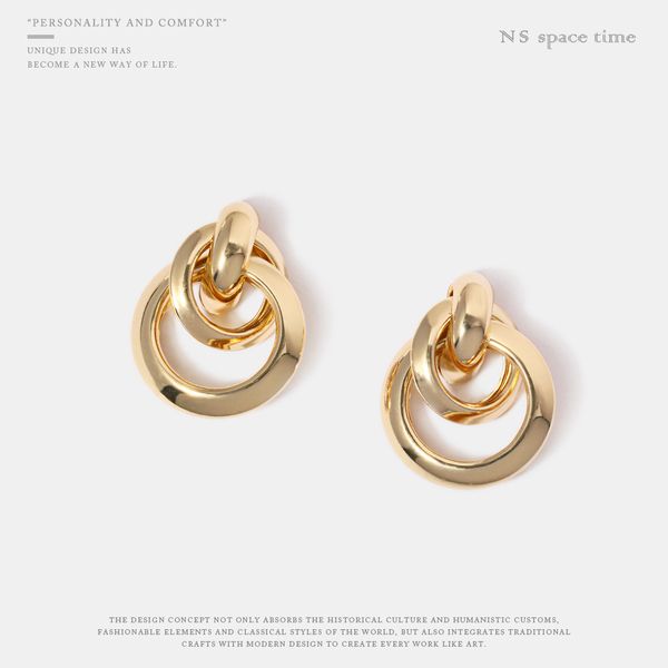 

japan and south korea new earrings atmosphere metal personality simple ring buckle pierced earrings, Golden;silver