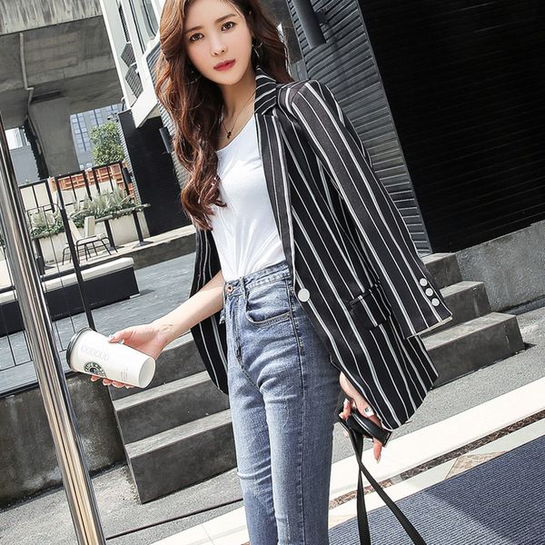 

office lady elegant blazers feminino women striped blazer autumn female work jacket vintage fashion black white, White;black
