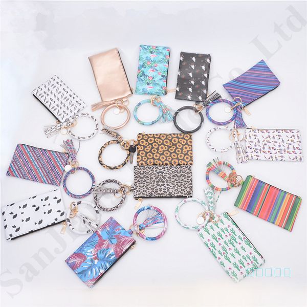 

sunflower women leather tassel bracelets keychain zip wallet purses mini floral handbag leopard pendant lady clutch bag coin purse a110502, Black