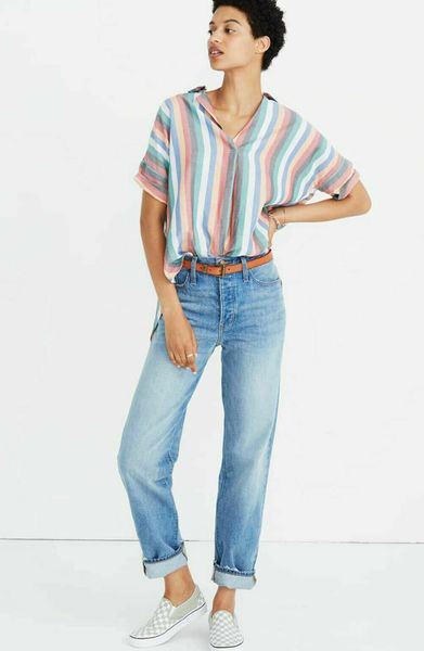 

hirigin novel style woman plus size womens casual loose sleeve baggy split rainbow linen t-shirt, White
