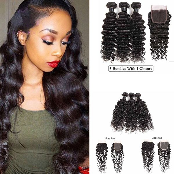8a Brazilian Remy Hair Weaves With 4x4 Lace Closure Mink Brazilian Water Wave Loose Deep Wave Hair Bundles With 4x4 Lace Closure Natural Hair Weave