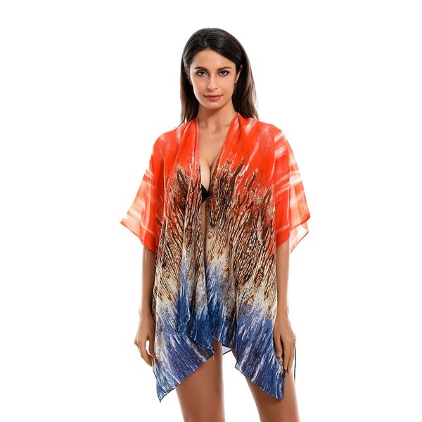 

spring summer new clashing color gradient floral pattern sheer chiffon sunscreen blouse cardigan poncho shawls wraps bikini smock poncho, White;black