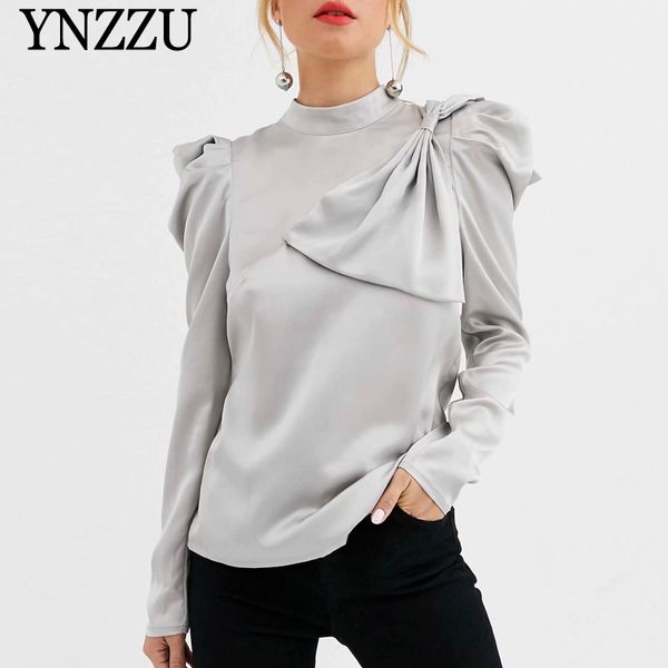 

grey stain soft women blouse with bow 2019 new arrival high collar loose pullover long sleeve female shirt chic ynzzu yt733, White
