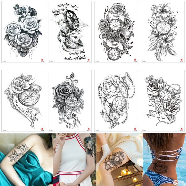 Fake Black Flower Time Temporary Body Art Tattoo For Arm Leg Back Design Water Transfer Anchor Dreamcatcher Cross Heart Tattoo Sticker Paper