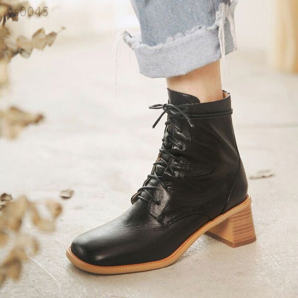 

leather thick heel mid-heel short boots women winter and autumn single boots genuine square head lace up british style martin boots, Black
