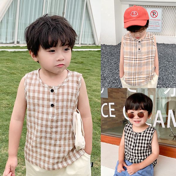 

2020 boys summer t-shirt children's plaid round neck sleeveless top, Blue