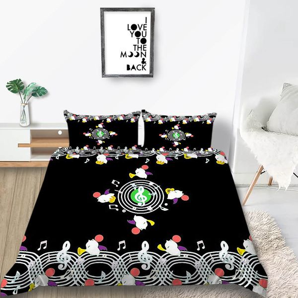 Musical Notes Bedding Set Cat Cartoon Cute Fashion Black Duvet