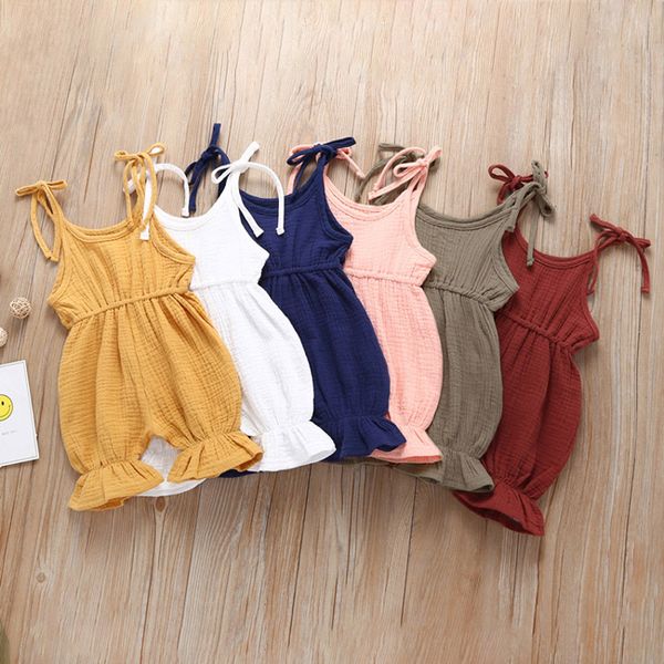 

kids summer sling jumpsuits solid color o-neck bandage bow lace elastic band jumpsuits baby infant girl leisure clothes boy summer clothing, Blue