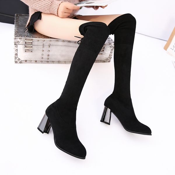 

2020 woman long boots knee high boots square metal heel high heeled pointy elasticity thin wool botas mujer suede, Black