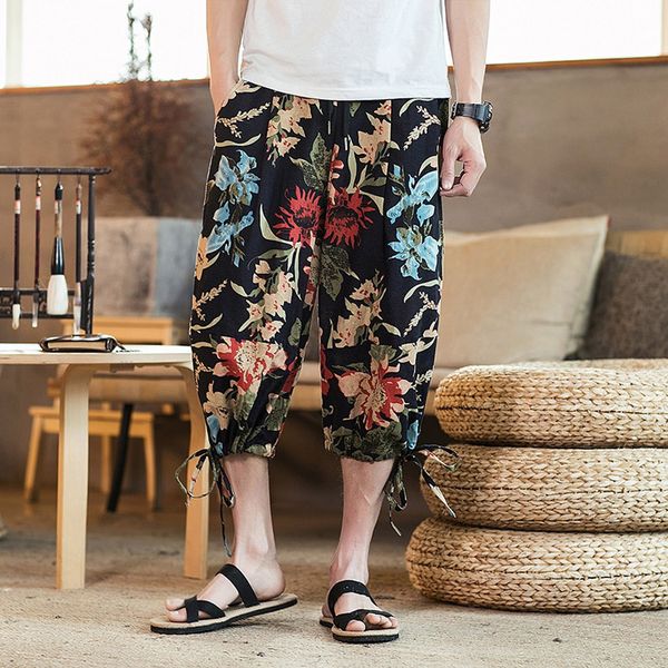 

men's casual slim sports pants calf-length linen trousers baggy harem pants, Black