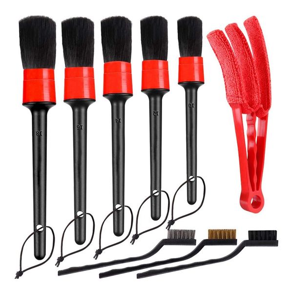 

car detailing brush auto detail brush set boar hair automotive detail brushes kit for cleaning car interior exterior, vehicles w