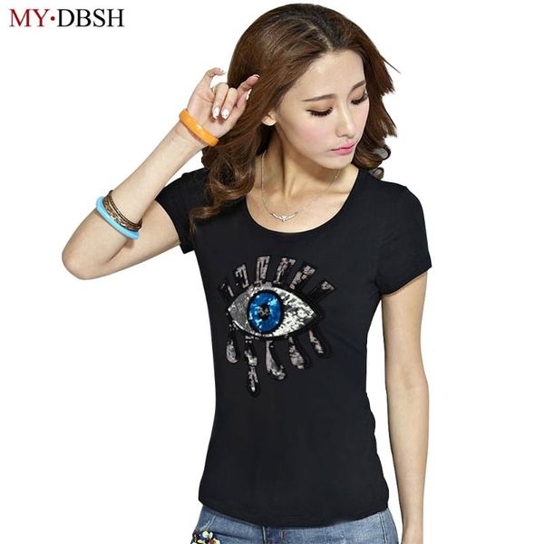 

2020 summer style fashion big eyes sequin t shirt women cotton casual tears short sleeve t-shirt women tees ing, White