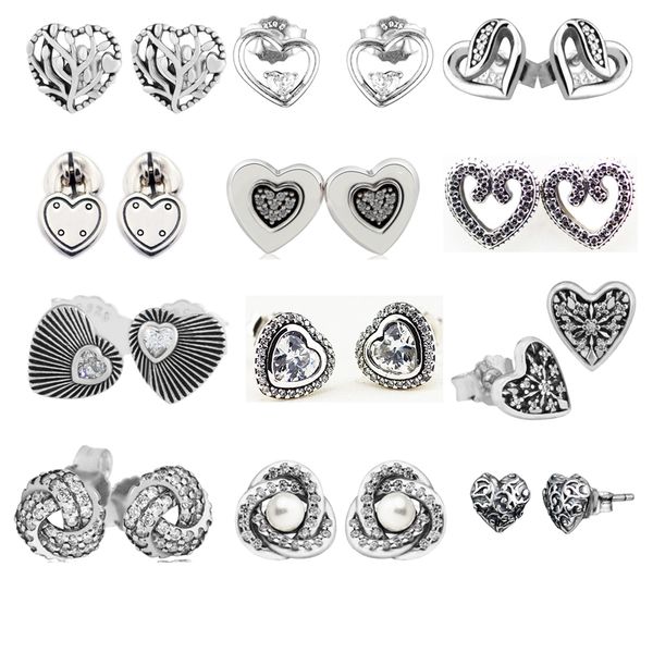

love earrings 100% 925 sterling silver heart knots locks vintage fans ribbons swirls stud earrings for women gift ing, Golden;silver