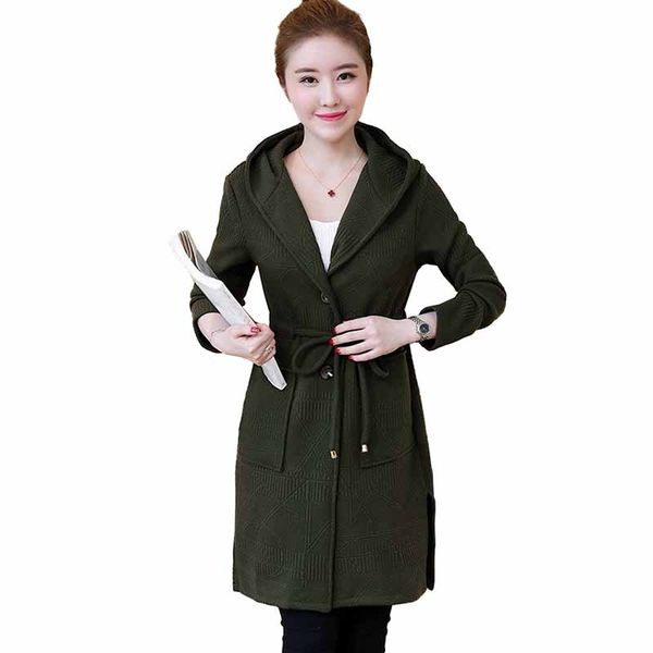 

2019 new plus size l-5xl knit cardigan jacket women sweaters spring autumn hooded casual female belt slim sweater coat g492, White