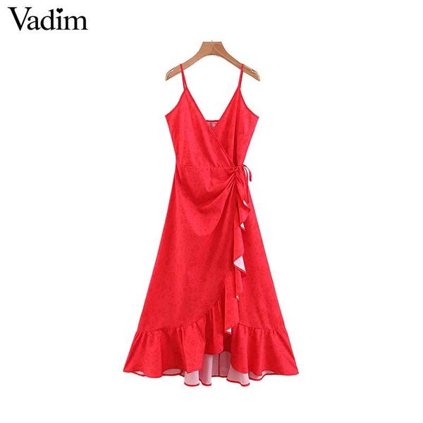 

vadim women cross v neck red wrap dress ruffles adjustable straps sleeveless backless female casual dresses chic vestidos qb484, Black;pink