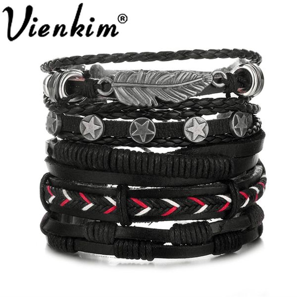 

vienkim feather pentagram multiple layers leather bracelets men classic rope chain charms bracelet for men armband jewelry 2019, Golden;silver