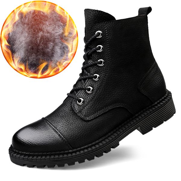 

men motorcye boots genuine leather snow winter shoes waterproof rubber outdoor military ankle boots with fur plus size 48, Black