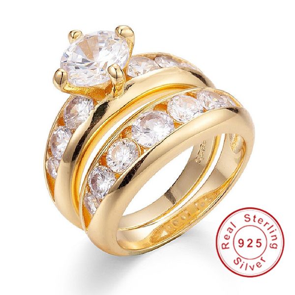 

lady's round 3ct simulated diamond rings set 2-in-1 925 silver wedding anniversary ring for women 18k yellow gold plated jewelry, Slivery;golden