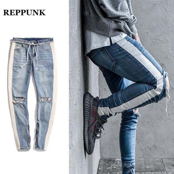 

reppunk 2018 new knee hole side zipper slim distressed jeans men ripped personality streetwear hiphop male stripe denim pants, Blue
