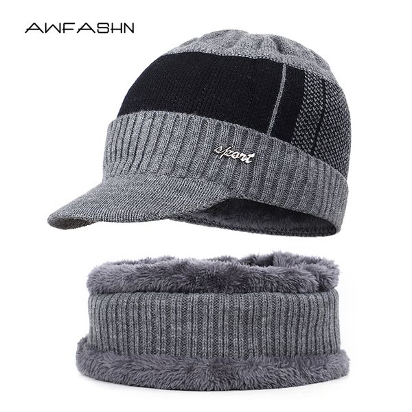 

2019 new winter knit beanie scarf 2 pieces set thick lining plus velvet men's visor hat warm dad cap soft balaclava