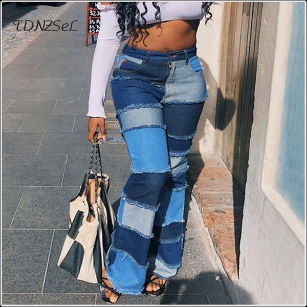 

2020 women distressed beggar patchwork jeans vintage washed denim flare pants female wide leg trousers outfit streetwear jeans, Blue