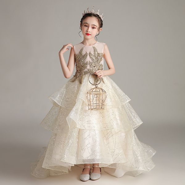 

girls model show catwalk luxury embroidery design princess long trailing dress children kids evening party communication dress, Red;yellow