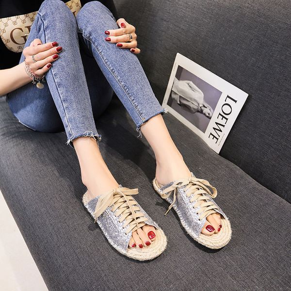 

wearing slippers female summer 2020 new wild chic sandals female flat shoes casual lace-up straw fisherman shoes