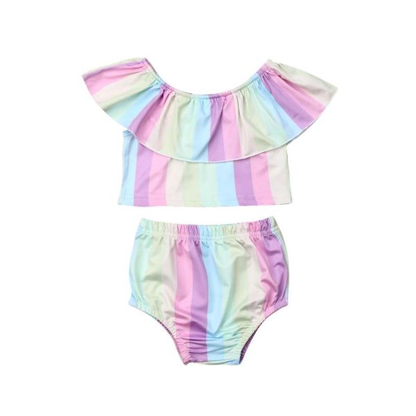 

2020 baby summer clothing infant newborn baby girls rainbow rufflepp shorts brief outfit colorful striped 2pcs sunsuit, White