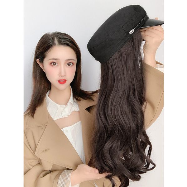 

women's navy cap style wig long wave curly hair with navy hat, instagram fashion chemical fiber wig with hat, more convenient to wear, Black