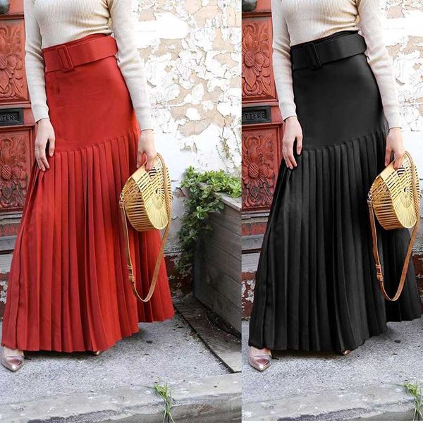 

full long muslim skirts pleated women jupes afueras nosotros pleated skirt hip fashion black red 2020 new fashion