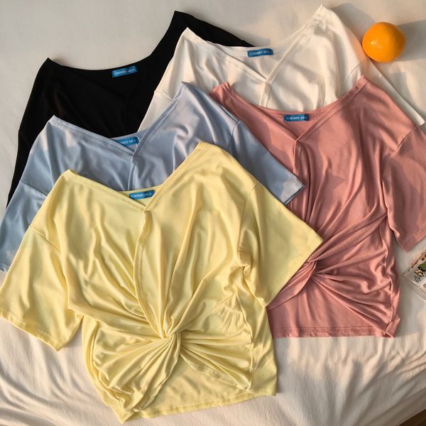 

5 colors 2 ways wearing 2019 summer preppy style solid color loose short sleeve t shirts womens tee shirt femme (c6342, White