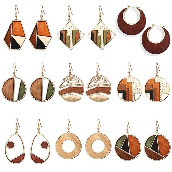 

17km brincos vintage round wood drop earrings for women geometric wood dangle earring 2020 female square jewelry, Silver