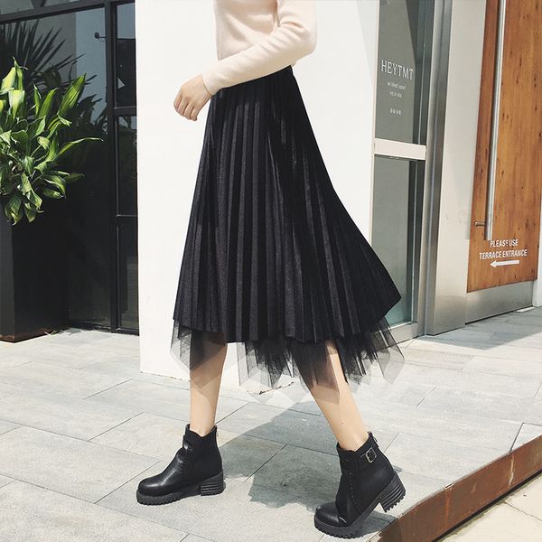 

nantersan women's skirts high waist irregular mesh skirt gold velvet skirt a-line pleated, Black