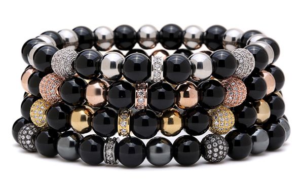 

men jewelry bracelet lucky natural stone beads silver titanium steel beads zircon cooper bracelets pulseira feminina, Black