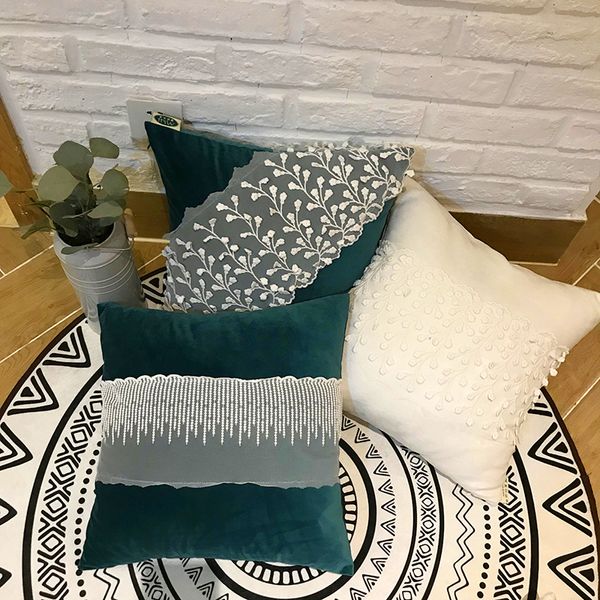 

deep green/white/pink lace frill cushion cover lumbar pillow cover sofa square velvet waist pillowcase for pompom backrest