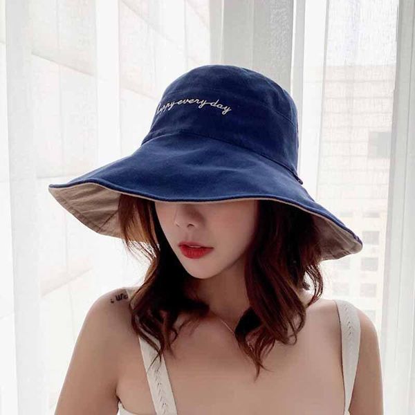 

new fashion smile face embroidery women bucket hat cotton outdoor sunscreen sun hat beach bucket cap folding ing, Blue;gray
