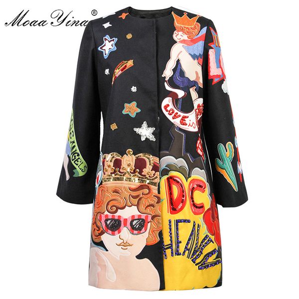 

moaayina fashion runway woolen coat winter women long sleeve angel cartoon print beading sequin casual elegant coat, Black;brown