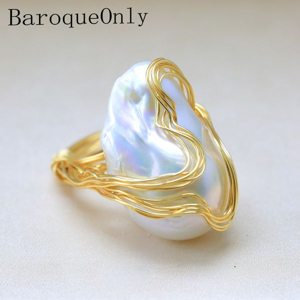 

baroqueonly handmade 15-30mm big baroque beads wire wrapped rings natural freshwater white pearl fashion woman party jewelry roa, Silver