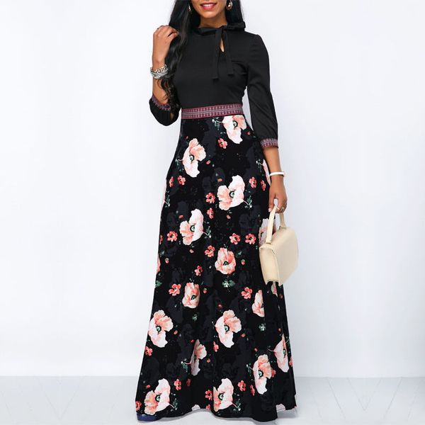 

women long maxi dresses bohemia hollow neck three quarter sleeve floral print ethnic summer beach female stylish style dress, Black;gray
