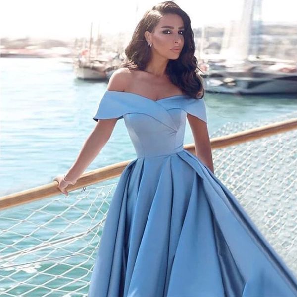 

off the shoulder blue satin prom dresses a-line vestido de noite elegant long prom gowns front split formal party dress, White;black