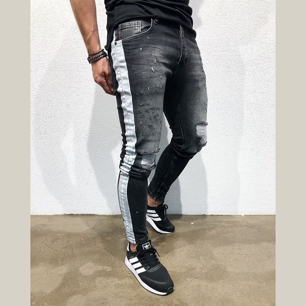

side striped line jeans fashion hip hop skinny pencil jeans for men stretch patchwork black jeans, Blue